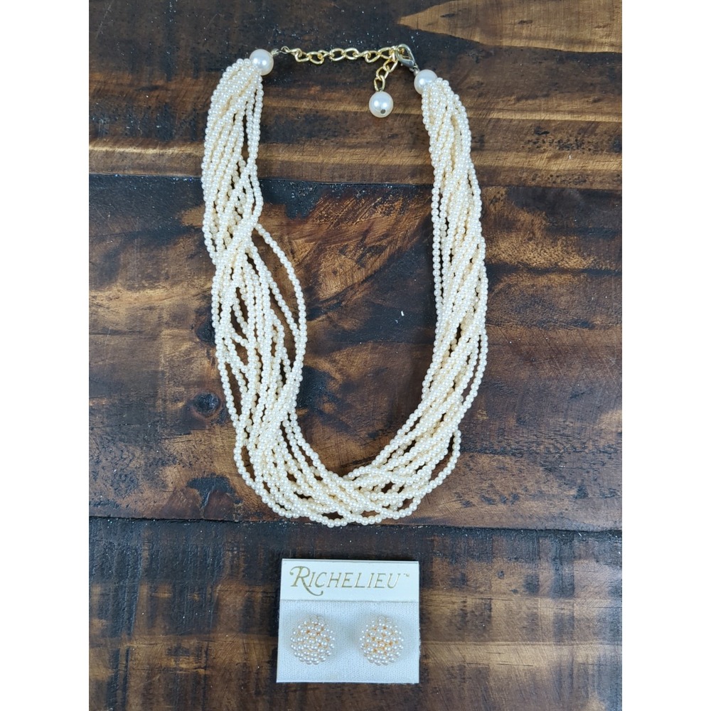 Richelieu White Faux Pearl Multi-Strand (12) Necklace & Earring‎ Set